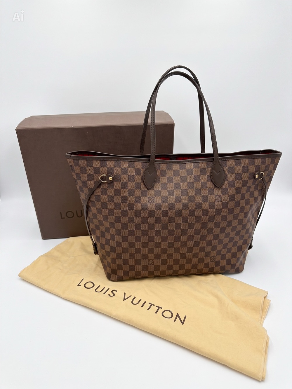 Louis Vuitton Neverfull Damier Ebene Tote with Red Interior